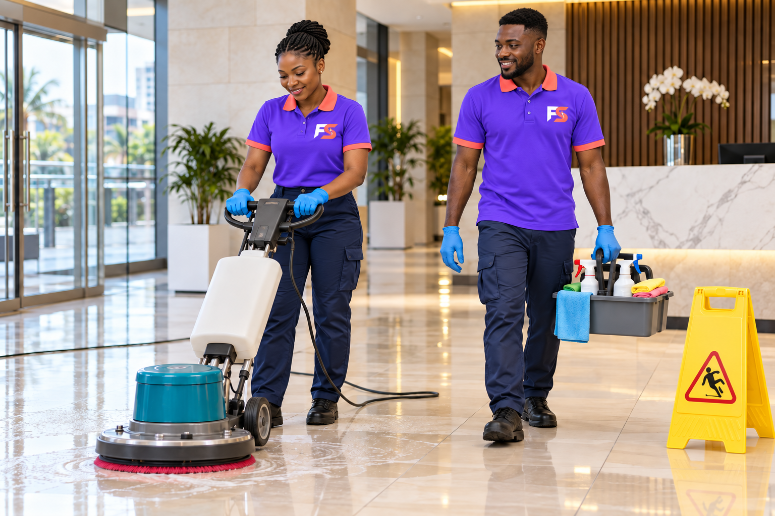 FS Cleaning Services uniform concept showing two cleaners in violet and coral branded polos